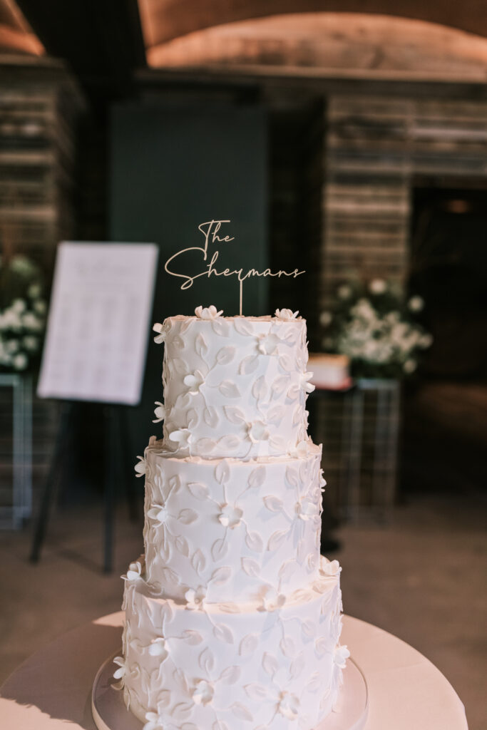 White on white classic, elegant wedding cake for a black tie wedding at Finley Farms wedding venue