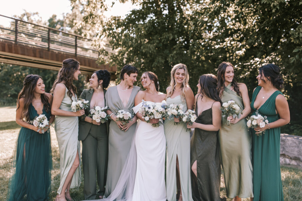 Bride and bridesmaids at Finley Farms dressed for black tie wedding
