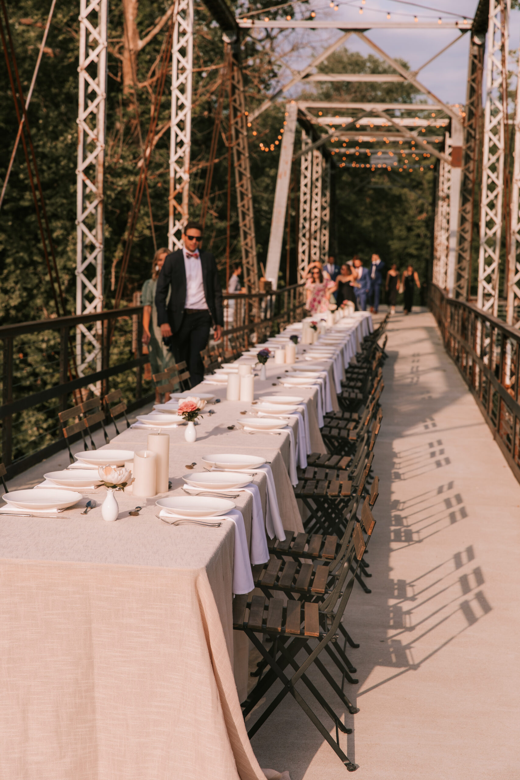 Riverside Bridge set up for a dinner and dancing reception at Finley Farms wedding venue. 