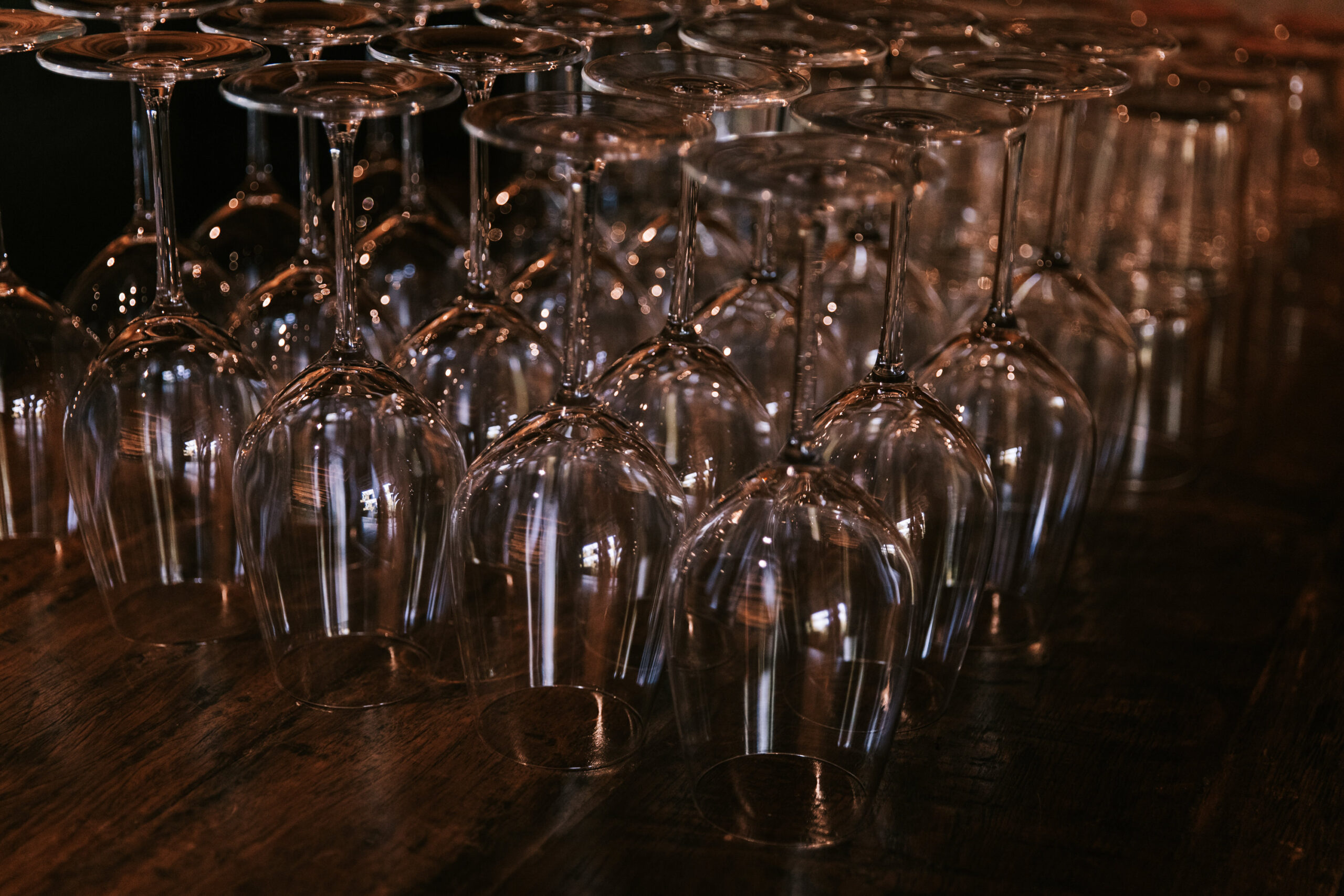 Wine glasses ready for a reception at Finley Farms wedding venue in Ozark, Missouri.